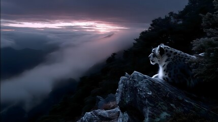 Snow leopard camouflaged on rocky Himalayan terrain at dusk observing the landscape