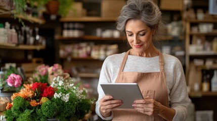 Empowered mature woman managing her thriving small flower shop business on a digital tablet demonstrating modern retail and entrepreneurial success