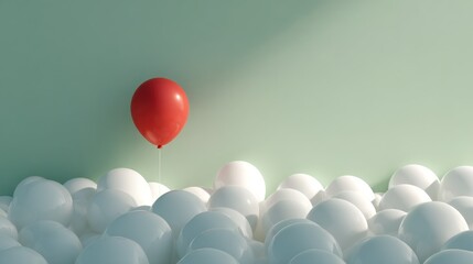 A single red balloon amongst many white balloons.  A concept image of individuality