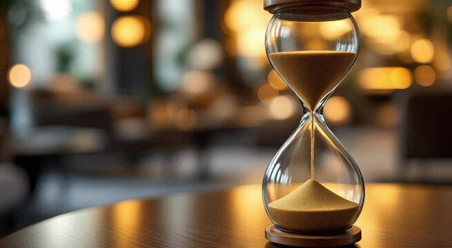 A cinematic 4K close-up of a stylish hourglass on a wooden table with warm, blurred ambient lighting in the background. Perfect for themes of time, mindfulness, luxury lifestyle, productivity, and the