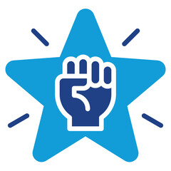 Star Power Glyph Dual Tone Blue Fill Silhouette Style Icon - A clenched fist in a star, representing strength, motivation, and standout performance