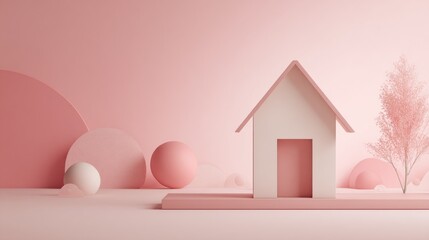 Pastel pink home scene with geometric shapes