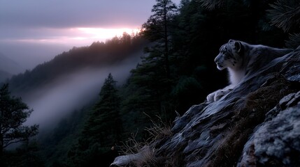 Snow leopard resting on a rocky ledge at twilight in the Himalayas, blending into its surroundings in a serene landscape