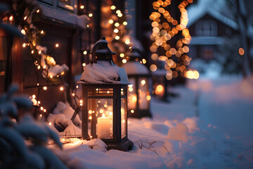 Snow-covered lanterns illuminate a winter pathway, surrounded by twinkling lights and a serene atmosphere, creating a cozy Christmas holiday ambiance in a snowy landscape