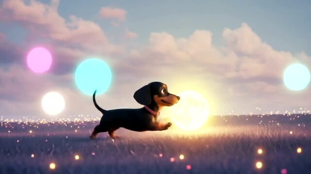 A playful dachshund frolics in a vibrant field at sunset, surrounded by glowing lights
