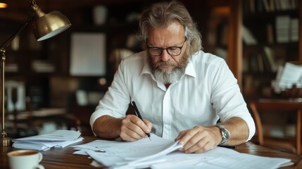 Mature businessman reviews important documents at a warm inviting home office desk focusing intently on paperwork with pen and coffee nearby in a quiet study setting