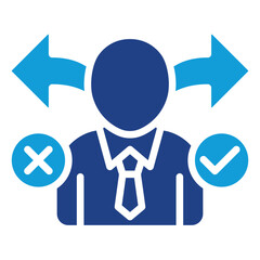 Decision Making Glyph Dual Tone Blue Fill Silhouette Style Icon - Business figure with arrows and choice symbols, illustrating decision-making process