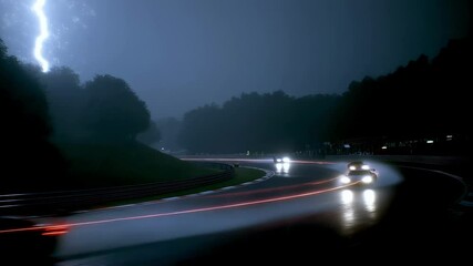 Powerful racing cars generating dramatic light streaks while speeding across wet nighttime track during intense thunderstorm with lightning - Powered by Adobe