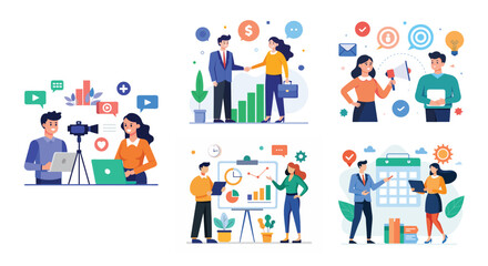 Illustration of business marketing ideas. Teamwork and idea sharing concept. Flat style design