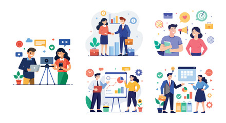 Illustration of business marketing ideas. Teamwork and idea sharing concept. Flat style design