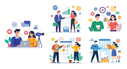 Illustration of business marketing ideas. Teamwork and idea sharing concept. Flat style design
