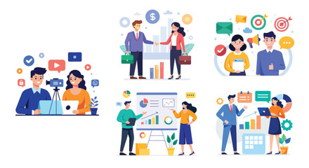 Illustration of business marketing ideas. Teamwork and idea sharing concept. Flat style design