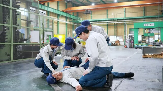 A group of people providing medical assistance to a worker who collapsed at a factory.