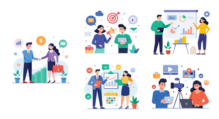 Illustration of business marketing ideas. Teamwork and idea sharing concept. Flat style design