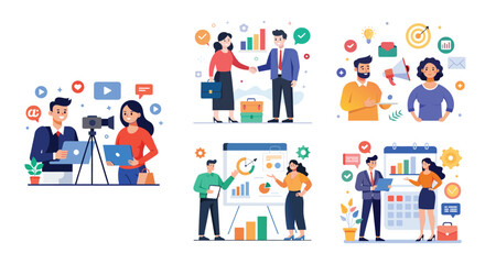 Fototapeta premium Illustration of business marketing ideas. Teamwork and idea sharing concept. Flat style design