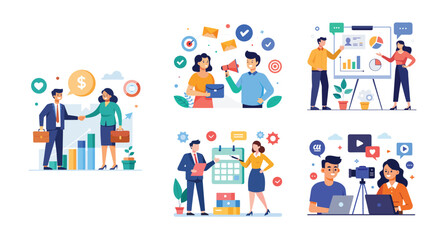 Fototapeta premium Illustration of business marketing ideas. Teamwork and idea sharing concept. Flat style design