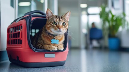Cat Relaxing in a Red Pet Carrier at a Veterinary Clinic Setting