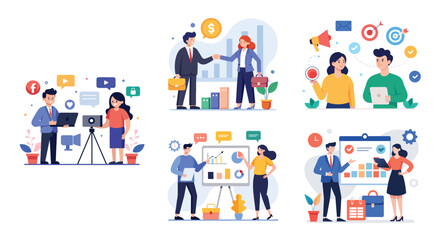 Illustration of business marketing ideas. Teamwork and idea sharing concept. Flat style design