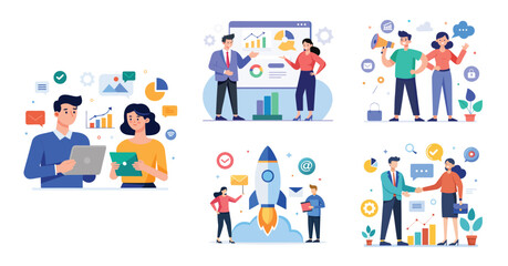 Illustration of business marketing ideas. Teamwork and idea sharing concept. Flat style design