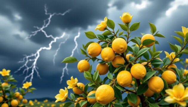 serene digital illustration of a citrus tree in flower during a stormthis image is an advanced 3d modeling and rendering example that highlights the beauty and precision of puter generated imagery