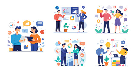 Fototapeta premium Illustration of business marketing ideas. Teamwork and idea sharing concept. Flat style design