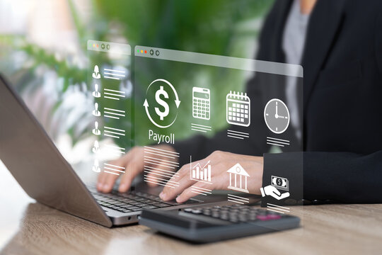 Payroll management and Automation salary payment concept, Businesswomen use application technology for payment salary, Financial, Accounting, Online system analytics, Employee data management with AI