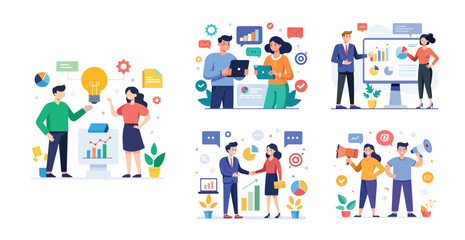 Illustration of business marketing ideas. Teamwork and idea sharing concept. Flat style design