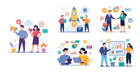 Illustration of business marketing ideas. Teamwork and idea sharing concept. Flat style design