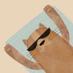 Brown Cat Wearing Sunglasses Sunbathing While Lying On A Blue Towel. Summer Time. Hand Drawn Vector Illustration Of Happy Kitty Relaxing On A Beach.	
