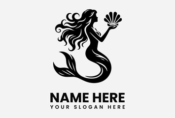 Silhouette of a mermaid holding a seashell, with text below.