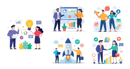 Illustration of business marketing ideas. Teamwork and idea sharing concept. Flat style design