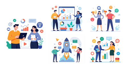 Illustration of business marketing ideas. Teamwork and idea sharing concept. Flat style design