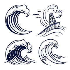 Vintage ocean wave and splash vector illustration