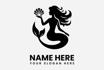 Silhouette of a mermaid holding a seashell, with text placeholders for a name and slogan.