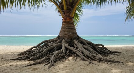 Palm tree roots on sandy beach
