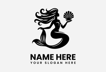Silhouette logo of a mermaid holding a seashell, featuring flowing hair and a stylized tail.