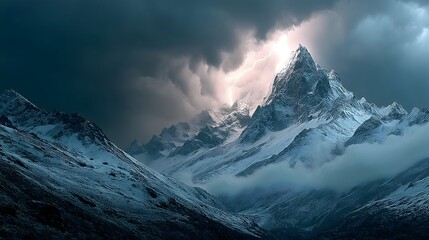 Lightning illuminates jagged peak under stormy skies at twilight near rugged mountain range