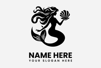 Silhouette logo featuring a mermaid holding a seashell, designed for a business.