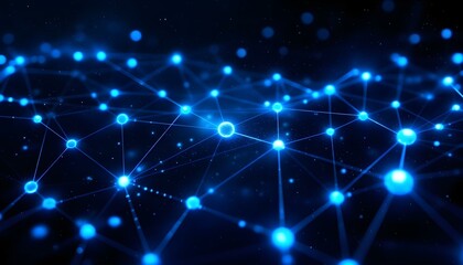 Abstract network connections with glowing nodes and lines on dark background, representing data flow and technology .