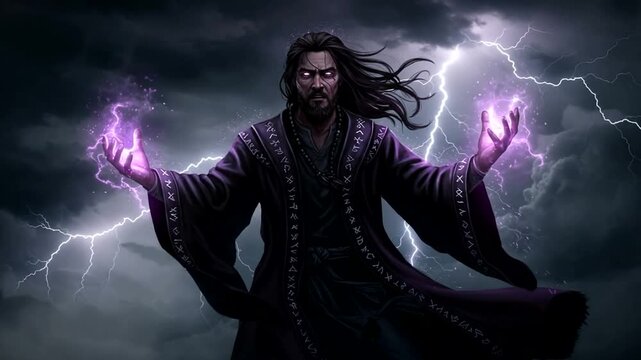 A powerful sorcerer conjures lightning in a stormy sky, showcasing mystical energy and tension