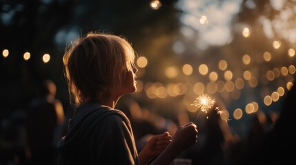 A child holding a sparkler, surrounded by glowing lights in a festive atmosphere.
