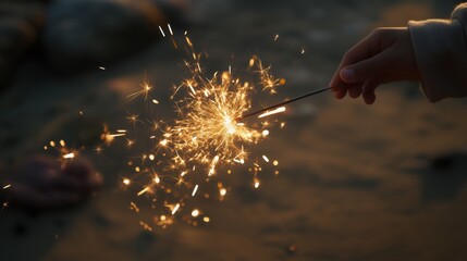A hand holding a sparkler, creating a magical glow against a dusky background.