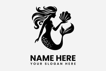 Elegant black silhouette of a mermaid holding a seashell, a logo design template.