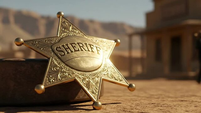 Golden sheriff badge on the wild west background and cowboy theme representation