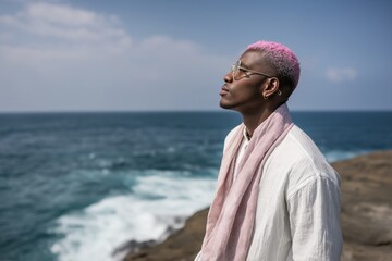 A man with pink hair stands on a rocky shoreline overlooking the ocean. He is wearing a white shirt and a pink scarf. The scene is serene and peaceful