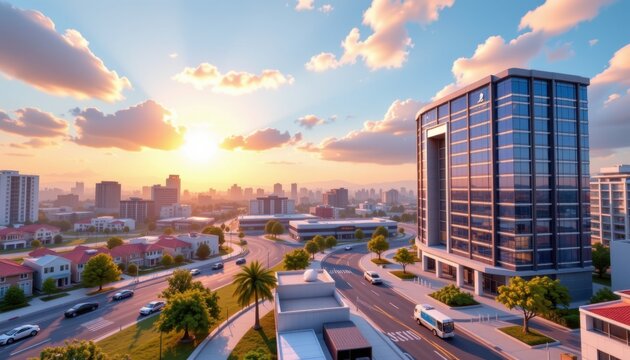 create a 3d model of a puter generated cityscape, highlighting the power of 3d modeling in digital art, the scene is set during high noon