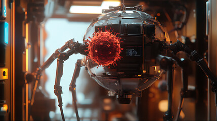 Nanobot dragging captured virus into secure containment chamber 
