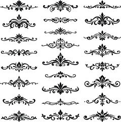 Collection of decorative floral dividers and borders in black silhouette on white