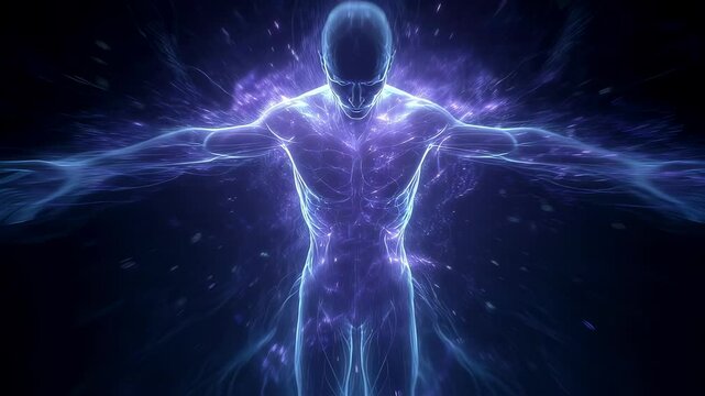 Energy flows into a glowing human body with open arms, creating a captivating visualization of medical science and spiritual concepts against a black background