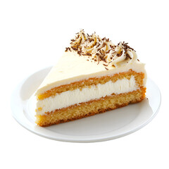 Delicious vanilla cake slice with cream frosting chocolate shavings on white plate